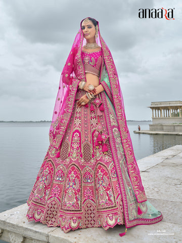 Pink Raw Silk Bridal Wedding Lehenga Set with Heavy Net Dupatta - AA148